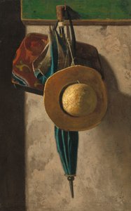 Halmhat, taske og paraply, ca.1900 (olie på stof overført fra lærred)