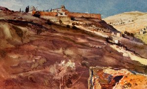Jerusalem. - Sydmuren af tempelområdet, fra Hinnom-dalen, ved solnedgang, 1902. af John Fulleylove