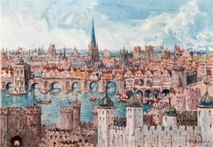Old London Bridge i 1386 (farvelitografi) af John Fulleylove