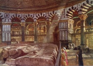 Den hellige klippe under kuplen i Omar-moskeen (farve litho) af John Fulleylove