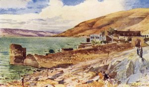 Galilæa-søen, der ser mod syd fra Tiberias (farve litho) af John Fulleylove