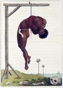 En sort person hængt levende ved ribbenene til en galge, pub. 1796.