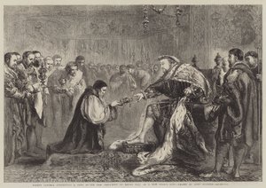 Biskop Latimer præsenterer en kopi af Det Nye Testamente til Henrik VIII som en nytårsgave af John Gilbert