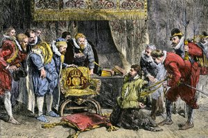Guy Fawkes foran kong James I af England efter krudtsammensværgelsen den 5. november 1605. 19. århundrede (gravering)
