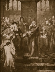 Kong Richard II afgiver kronen til sin fætter Bolingbroke, illustration fra "Hutchinson