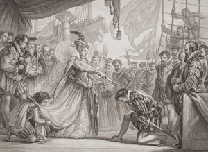 Dronning Elizabeth I (1530-1603) udnævner Francis Drake (1540-96) til ridder fra "Illustrations of English and Scottish History" bind I