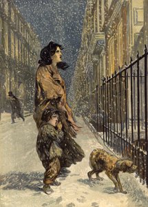 De hjemløse fattige, mor og barn med hund i sneen (chromolitho) af John Gilbert