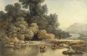Bakket landskab med flod og kvæg, ca. 1810 (wc over grafit på vævet papir)