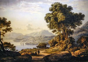 Udsigt i Lake District (akvarel på papir) af John Glover
