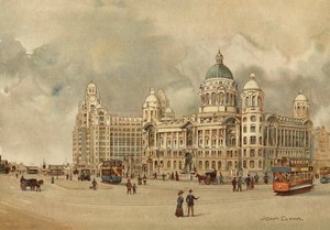 Liverpool: Kontorer for Mersey Docks and Harbour Board, The Liver Building osv., Approach to the Landing Stage (farve litho)