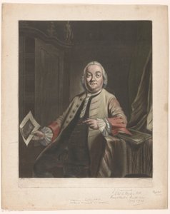 Portræt af Simon Fokke med i hånden aftrykket af plyndringen af ​​Gerrit Hagedoorens hus, 1751