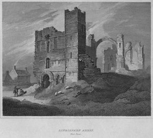 Lindisfarne Abbey. Vestfronten, 1814 af John Greig