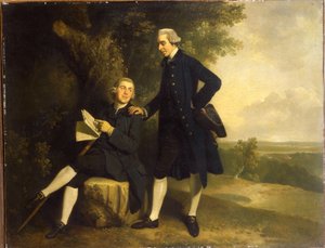 Dobbeltportræt af Thomas Somers Cocks og Richard Cocks fra Castleditch, begge små i fuld længde, førstnævnte i en blå frakke og vest med en sort trehjørning, sidstnævnte sidder i en blå frakke og vest med et manuskript, i et landskab, af John Hamilton Mortimer