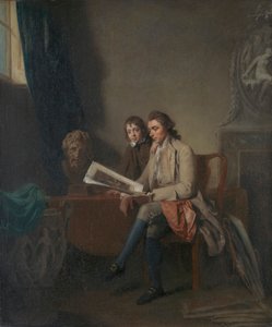 Portræt af en mand og en dreng, der ser på tryk af John Hamilton Mortimer