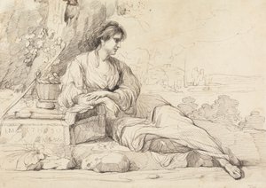 Tilbagelænet kvindeskikkelse i et italiensk landskab af John Hamilton Mortimer