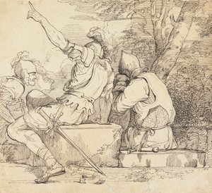 Tre soldater i rustning sidder på stenblokke af John Hamilton Mortimer