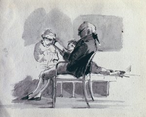 En far læser for sine børn (pen og blækvask på papir) af John Harden