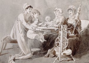 En kvinde med sin familie ved et snurrehjul (pen og blækvask på papir) af John Harden