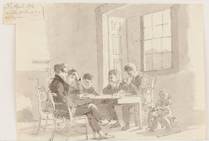 Drenge, der læser i Storrs, Elterwater, 1814 (pen og blæk med vask på papir) af John Harden