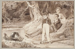 Fire figurer blandt træerne på en varm dag, 1807 (wc på papir) af John Harden