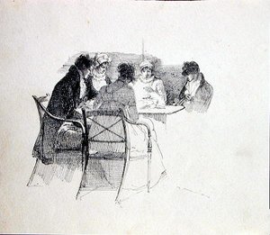 Gruppe samlet omkring et bord (pen og blæk på papir) af John Harden
