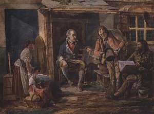 Gruppe inklusive en soldat uden for en hyttedør (akvarel på papir) af John Harden