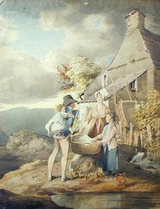 Gruppe uden for et vaskeri (akvarel på papir) af John Harden