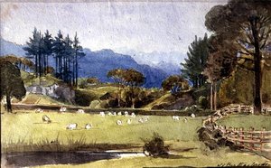 Langdale fra North Shore of Windermere (akvarel på papir) af John Harden