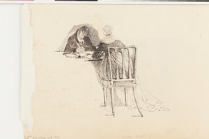 Mand og kvinde skriver ved et bord (pen og blæk på papir)
