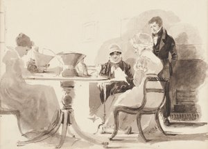 Mand stående ved et bord med tre siddende kvinder (wc på papir) af John Harden