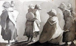 Mødre, der bærer deres børn (pen og blækvask på papir) af John Harden