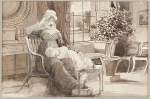 Fru H med baby John William, 1814 (wc på papir) af John Harden