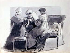 Tre kvinder på en sofa (pen og blækvask på papir) af John Harden