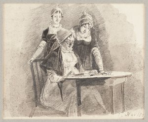 Tre ved et bord, en siddende, 1807 (blyant og vask på papir) af John Harden