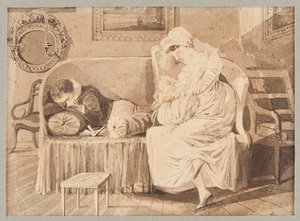 Tre på en sofa, 1805 (wc på papir) af John Harden