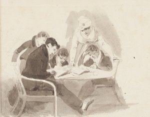 To drenge laver lektier, 1811 (wc på papir) af John Harden
