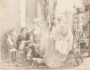 Kvinder ved spindehjulet og en dreng med en legetøjsbåd, 1807