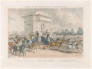 Udsigt over en gade og Wellington Arch ved Hyde Park Corner Hye Park Corner (titel på objekt) Gadebilleder omkring Epsom (serietitel) Scener på vejen eller en tur til Epsom og tilbage (serietitel)