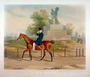 Hertugen af Wellington rider forbi Achilles-statuen i Hyde Park, London, 1844.