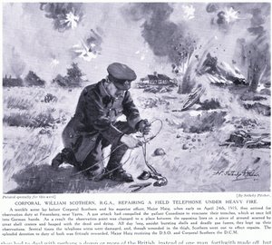 Korporal William Scothern RGA, der reparerede en felttelefon under kraftig beskydning, blev tildelt DCM Ypres maj 1915 af John Harris Valda