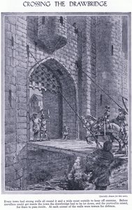 Krydser vindebroen. Hver by har stærke mure og en voldgrav, en vindebro og en portcullis til forsvar, ca. 1950 af John Harris Valda