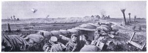 Gasangreb på skyttegravene i 2nd Lancashire Fusiliers, hvor menig Lyn mistede livet, men vandt VC. Ypres april 1915 af John Harris Valda