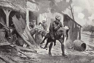 Gunner J Rafferty bærer en såret kvinde i sikkerhed fra en bondegård, der blev beskudt, Første Verdenskrig af John Harris Valda