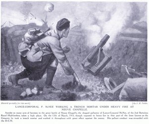 Vicekorporal P McNee arbejder med en skyttegravsmorter under kraftig beskydning ved Neuve Chapelle af John Harris Valda