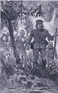 Livingstone skød mod løven, men løven angreb ham og bed hans skulder og brækkede hans venstre arm, Newnes Pictorial Knowledge udgivet af Newnes, ca. 1950
