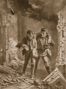 Menig A.E. Walker hjælper en såret kammerat fra en brændende kirke, der blev brugt som hospital af John Harris Valda