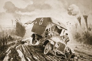 Menig Adams hjælper de sårede i en motorambulance, der var kørt ind i et granathul under beskydning af John Harris Valda