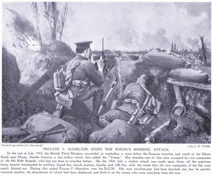 Menig F Hamilton tildelt DCM for at stoppe fjendens bombeangreb juli 1915 ved Hooge af John Harris Valda