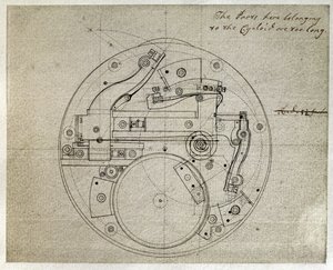 Tegning af layoutet af bevægelsen af H4-tidtageren af John Harrison (1693-1776), ca. 1759 (pen og blæk på papir)