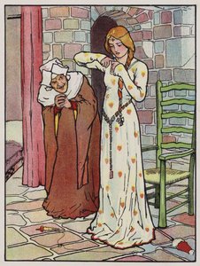 Rosanne stikker sin hånd med spindlen (farve litho) af John Hassall
